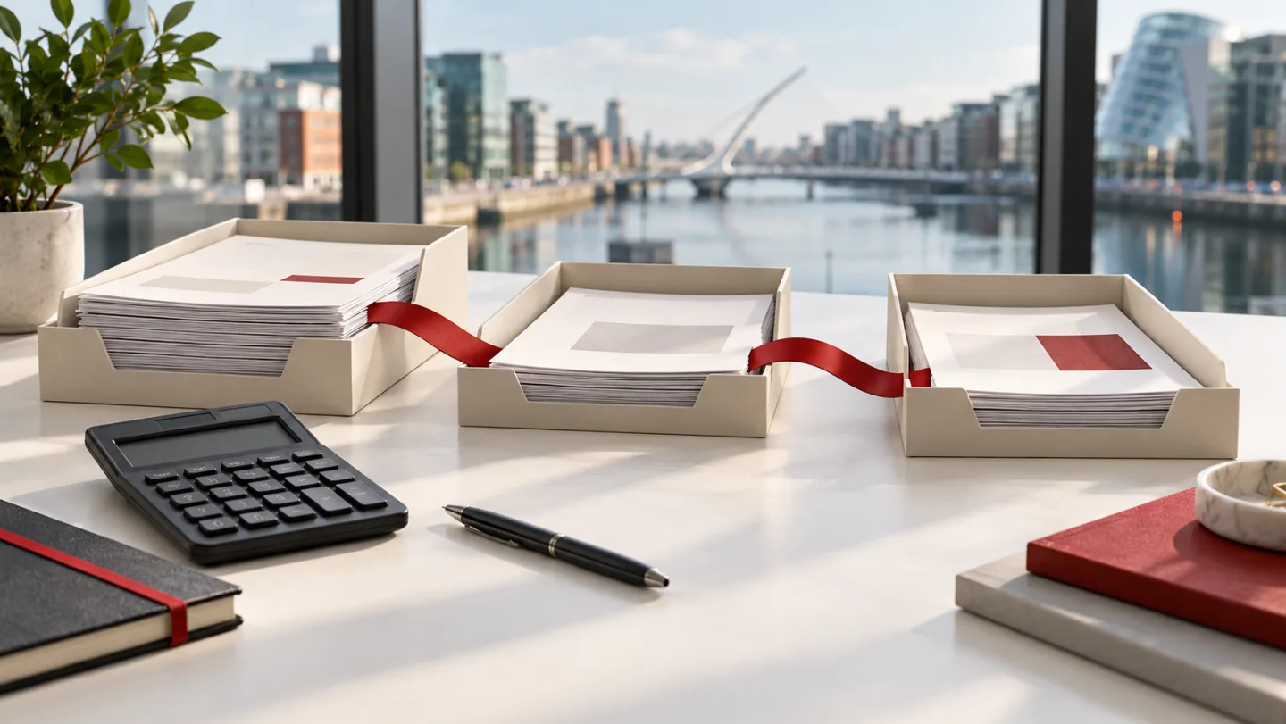 Conceptual photograph of three document trays connected by a red ribbon with a calculator in a Dublin office; not an actual cash-flow statement