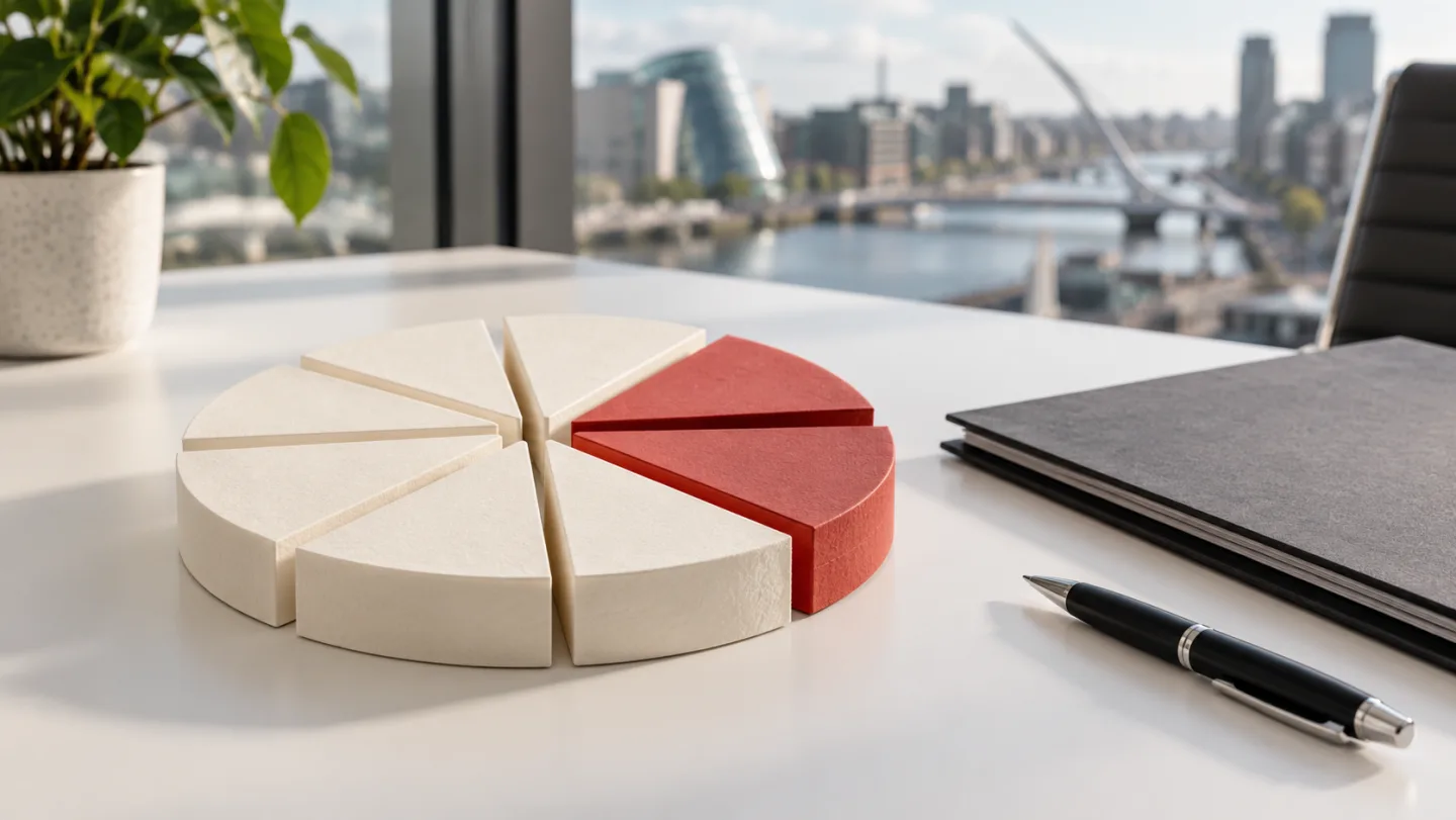 Conceptual red and cream paper segments representing company shares beside a folder overlooking Dublin; not an actual ownership chart